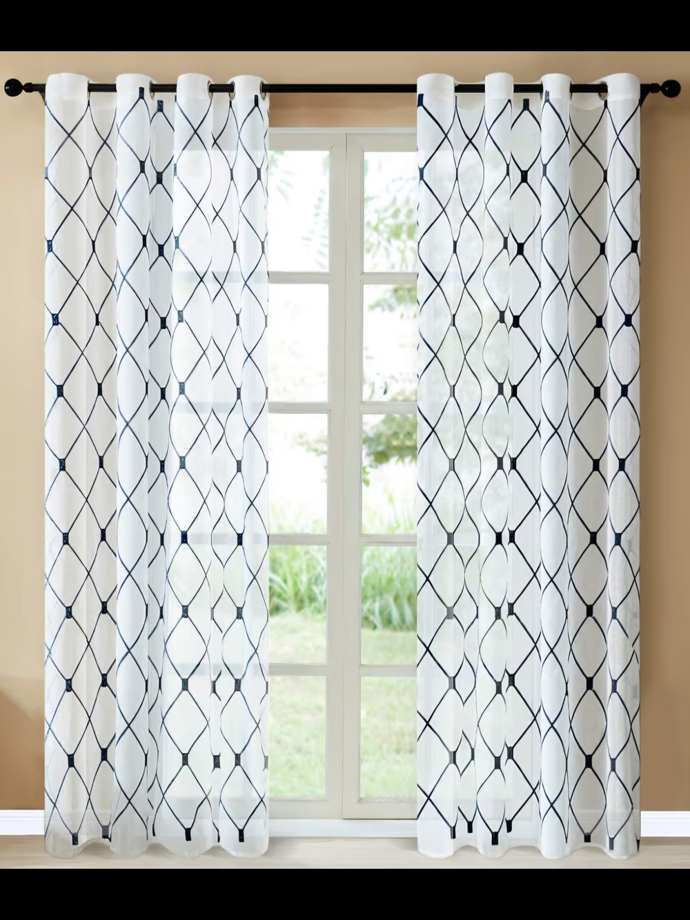 Navy Blue Diamond Embroidered White Sheer Curtains - 54x84 (Set of 2 Panels)